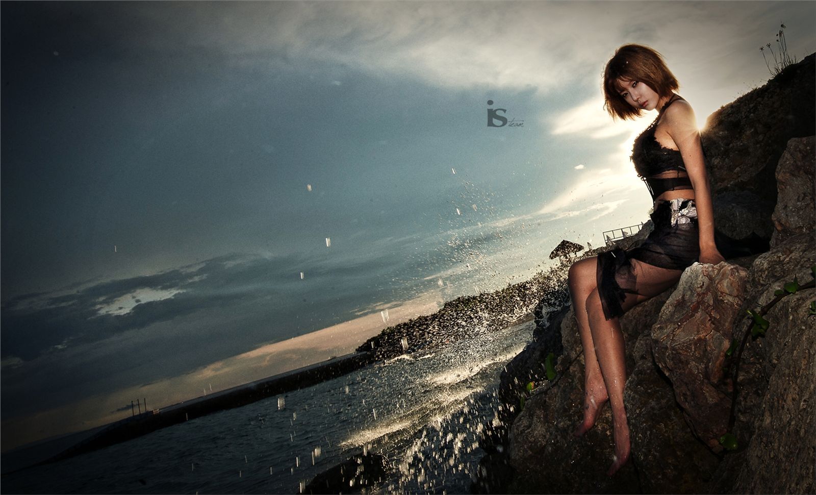 韩国超模许允美 黑花连裙衣海边写真