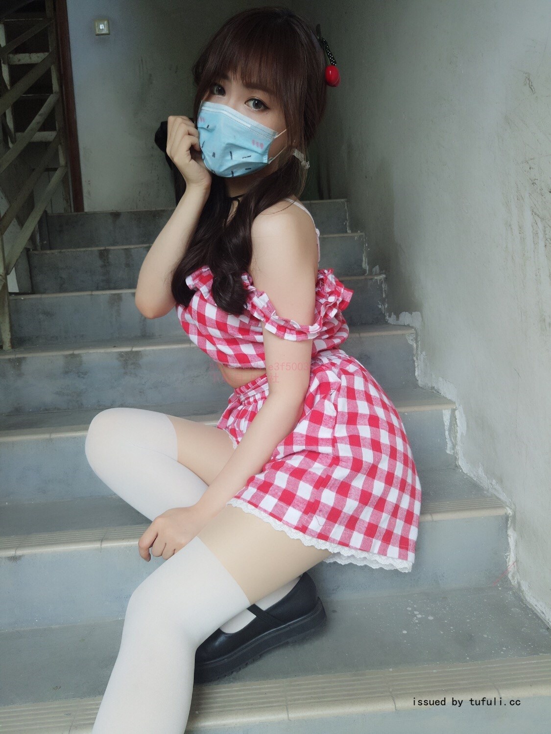 棉尾兔几 红白格连衣裙  猫猫